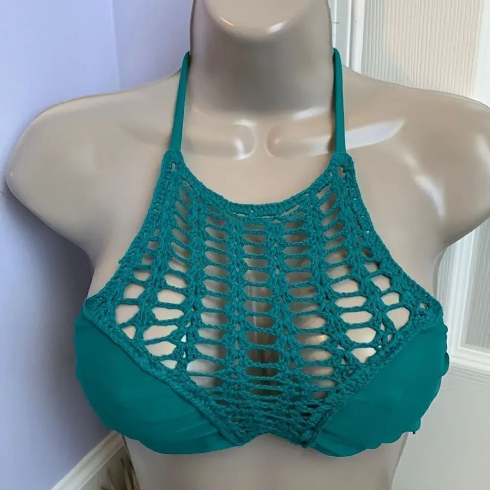 Designer crochet teal sea blue Swimsuit Top Bra Swimwear XS